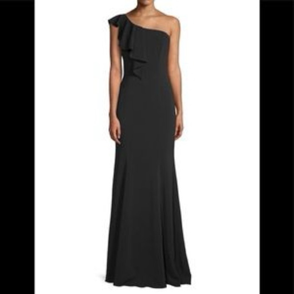 JAYGODFREY Black One Shoulder Asymmetrical Gown